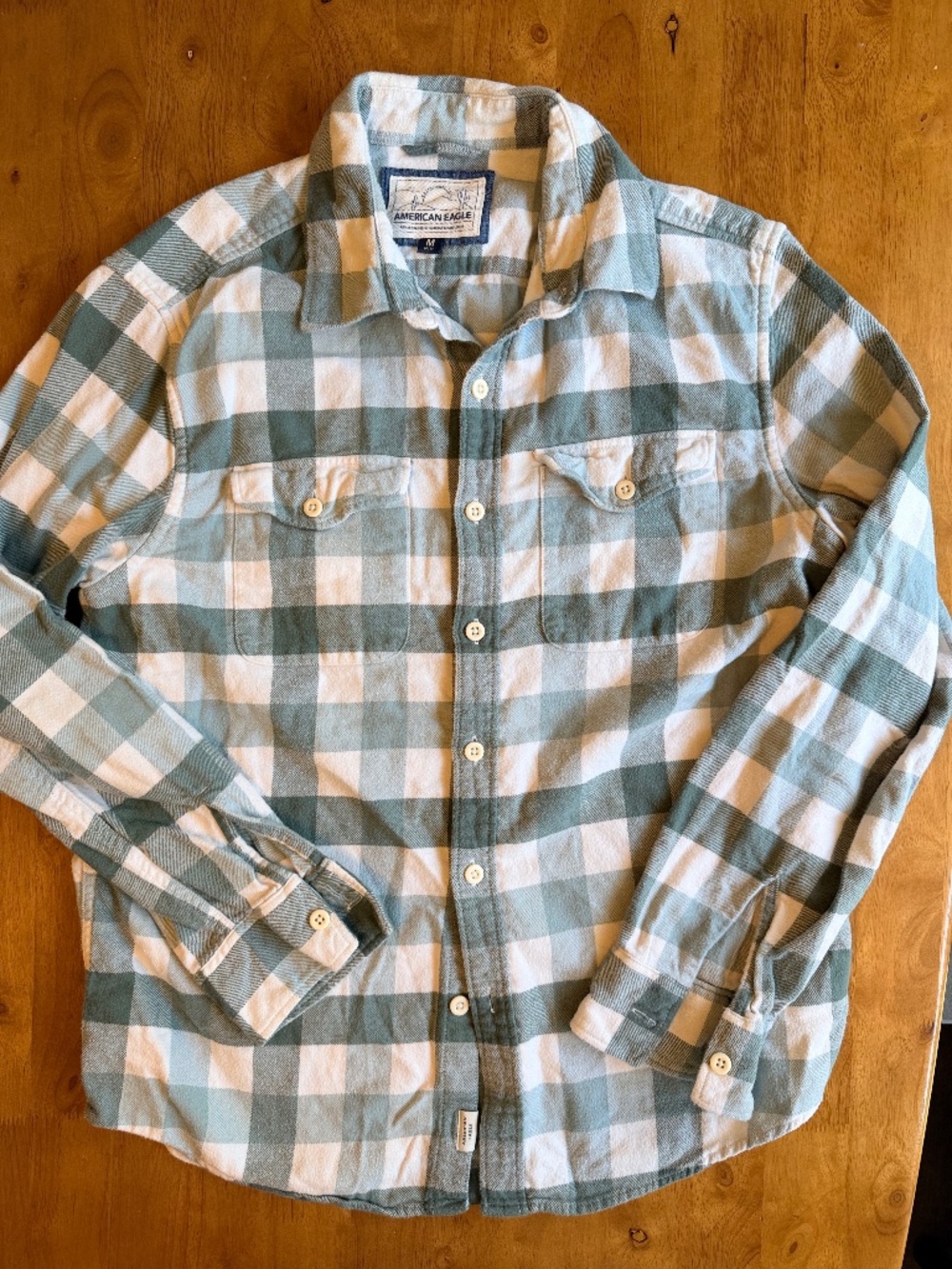 American Eagle Mens Flannel Shirt Medium Sage Green White Plaid Cotton 457